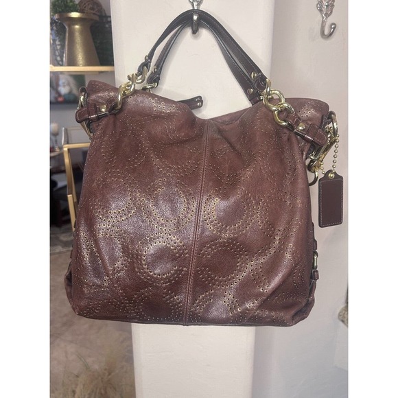 Coach Brooke Brown Perforated Leather Op Art Large Hobo Shoulder Bag 15003 - Picture 4 of 15